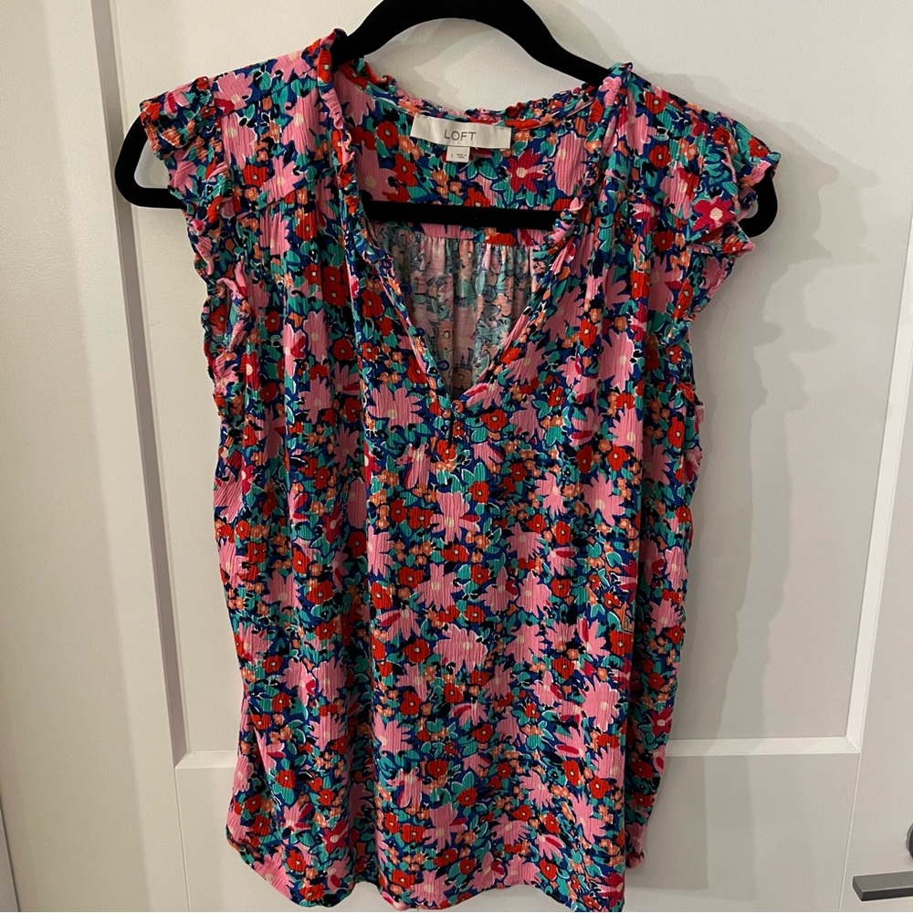 Loft ladies mixed media floral blouse large EUC